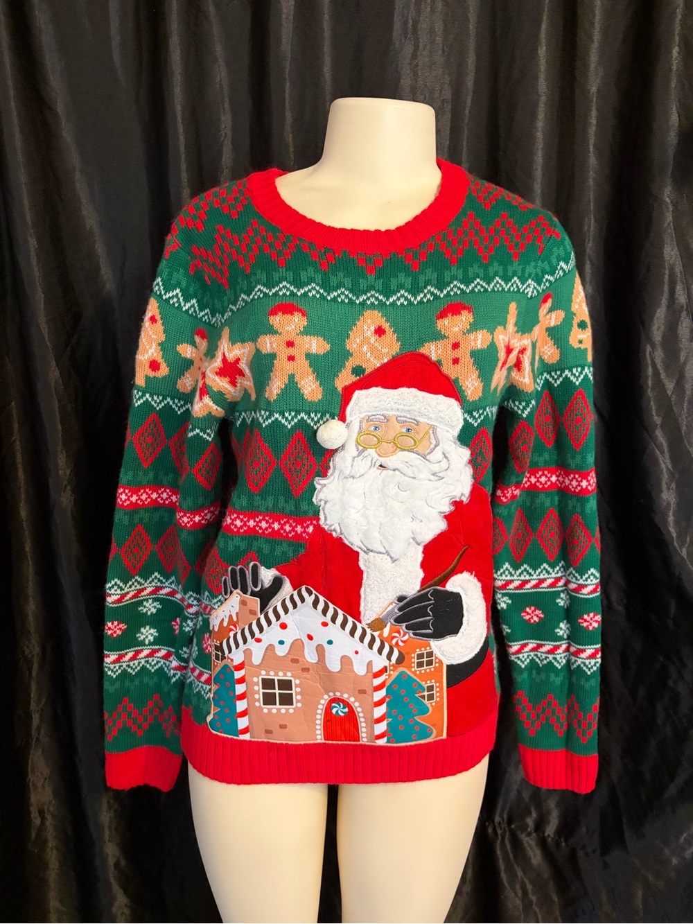 Holiday Time Red & Green Santa Gingerbread Crewneck Sweater